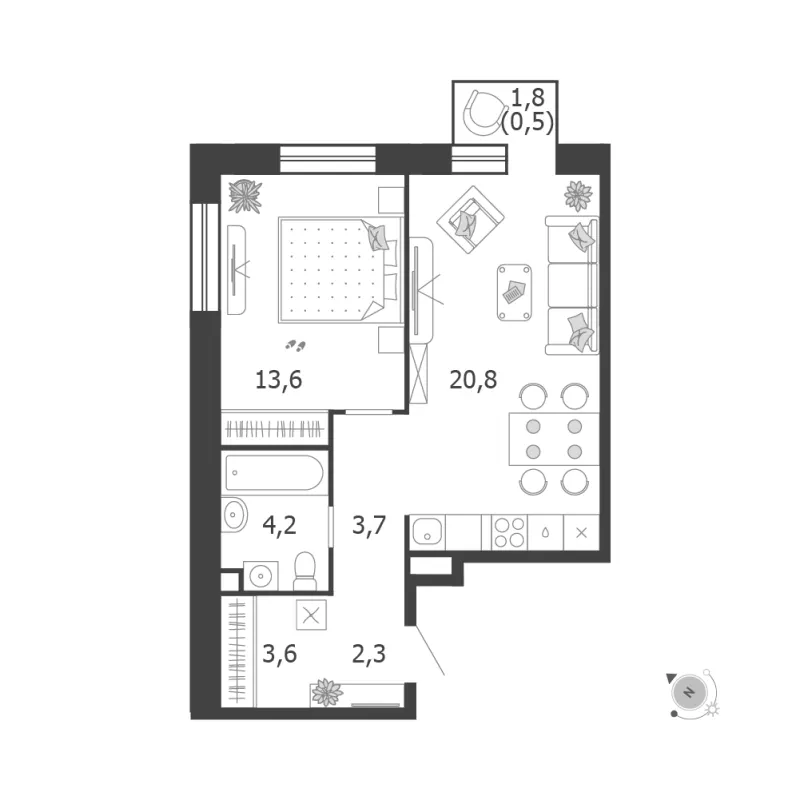 1-комн. 48.7 м²