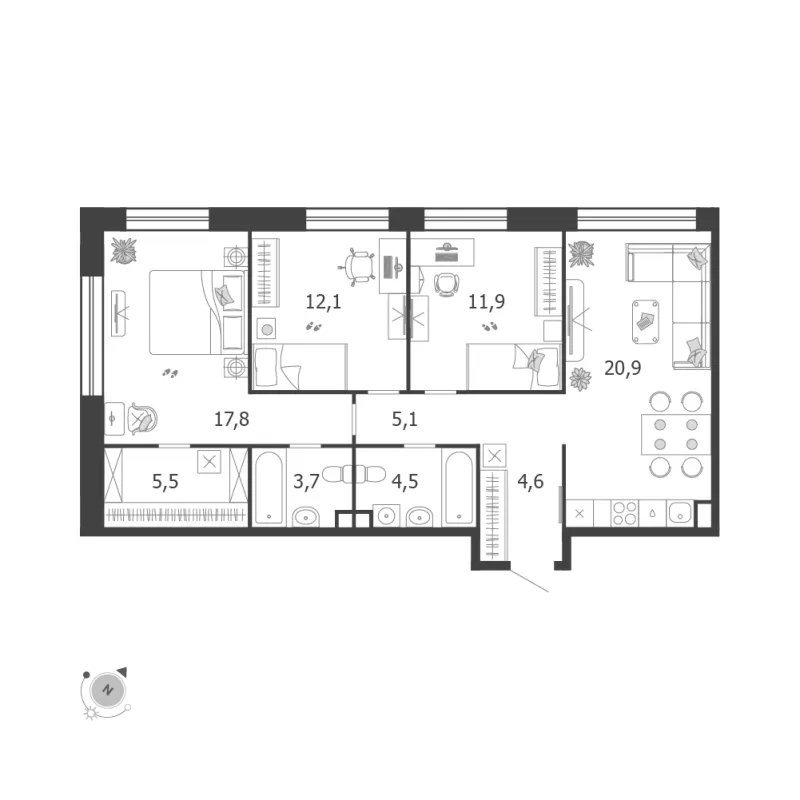 3-комн. 86.1 м²
