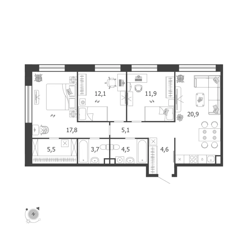 3-комн. 86.1 м²