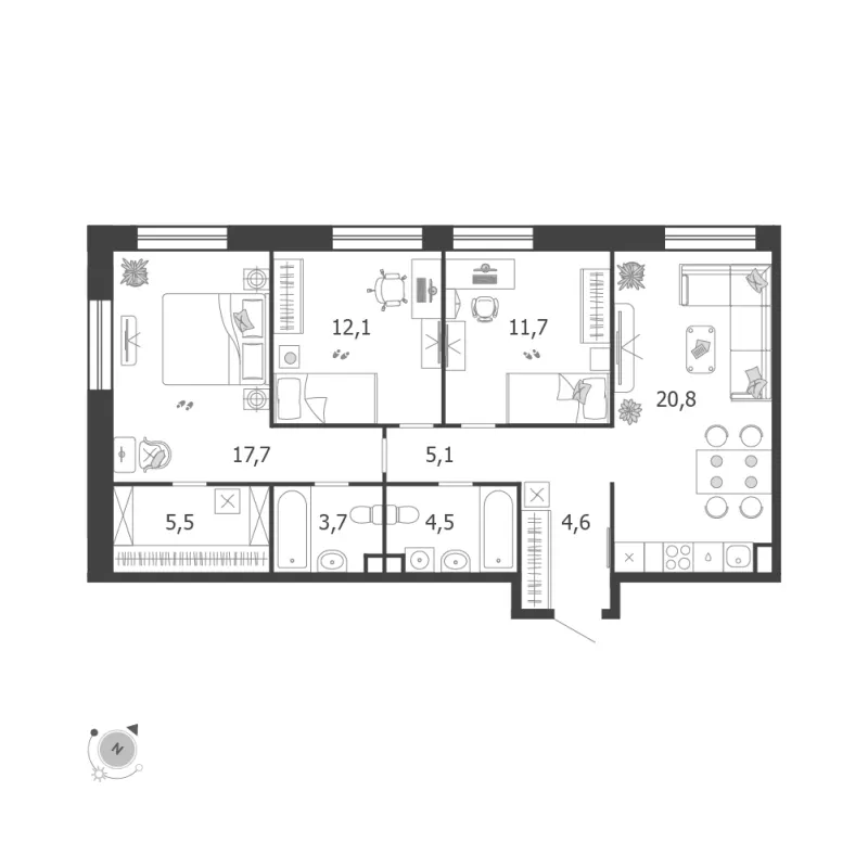 3-комн. 85.7 м²
