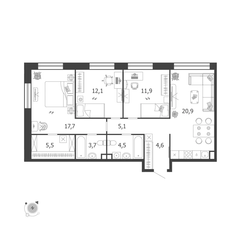 3-комн. 86 м²