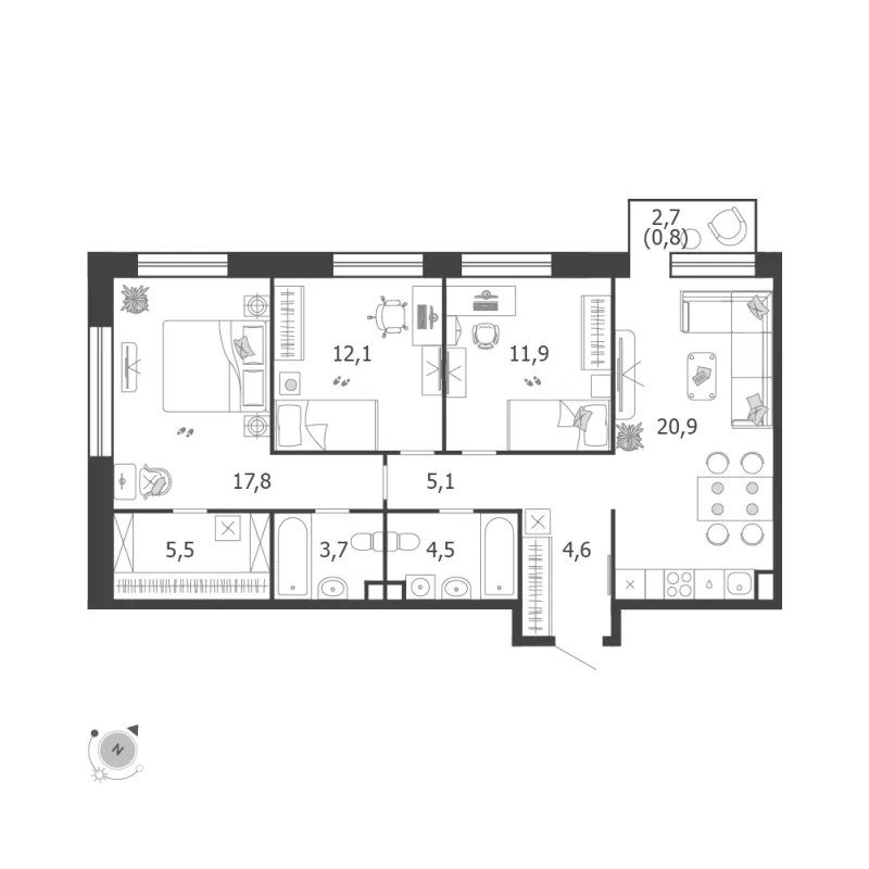 3-комн. 86.9 м²
