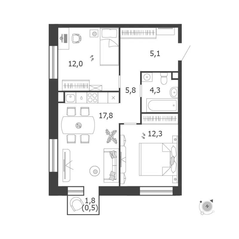 2-комн. 57.8 м²