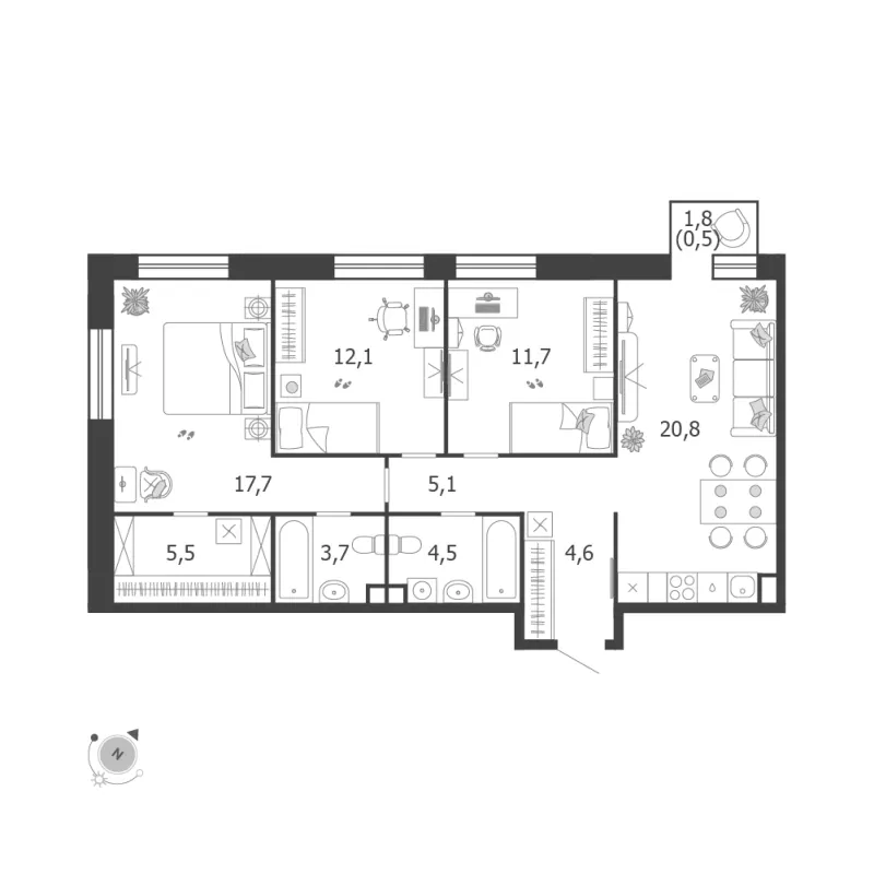 3-комн. 86.2 м²