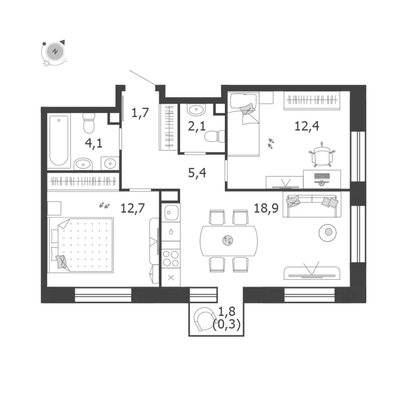 2-комн. 57.8 м²