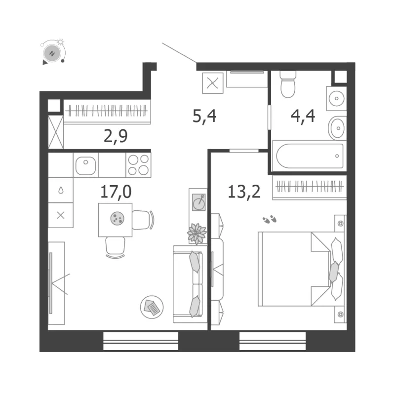 1-комн. 42.9 м²