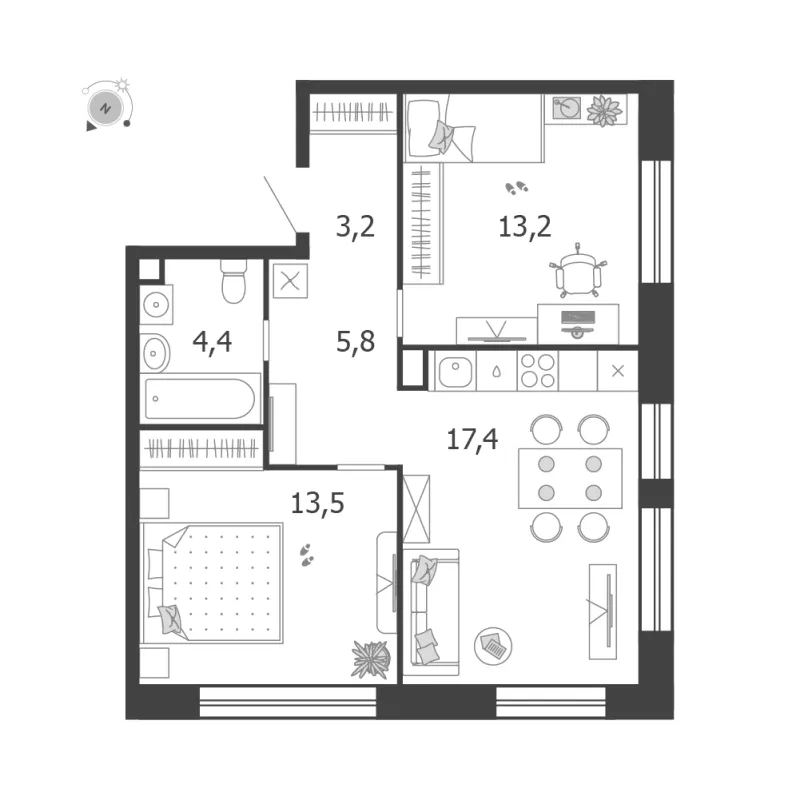 2-комн. 57.5 м²