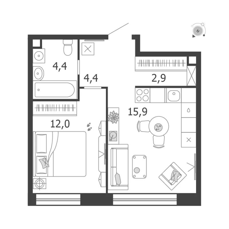 1-комн. 39.6 м²