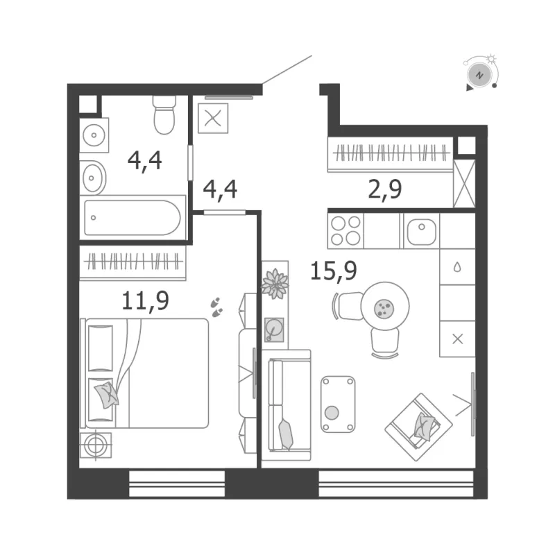 1-комн. 39.5 м²