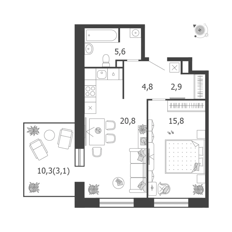 1-комн. 53 м²