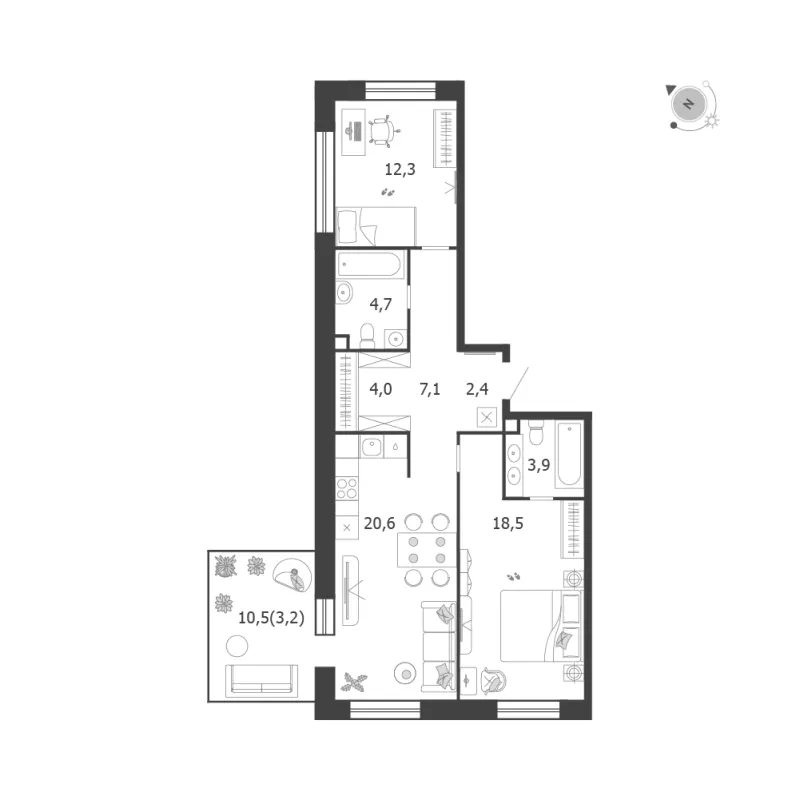 2-комн. 76.7 м²