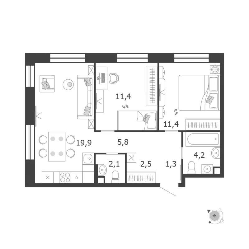 2-комн. 58.6 м²
