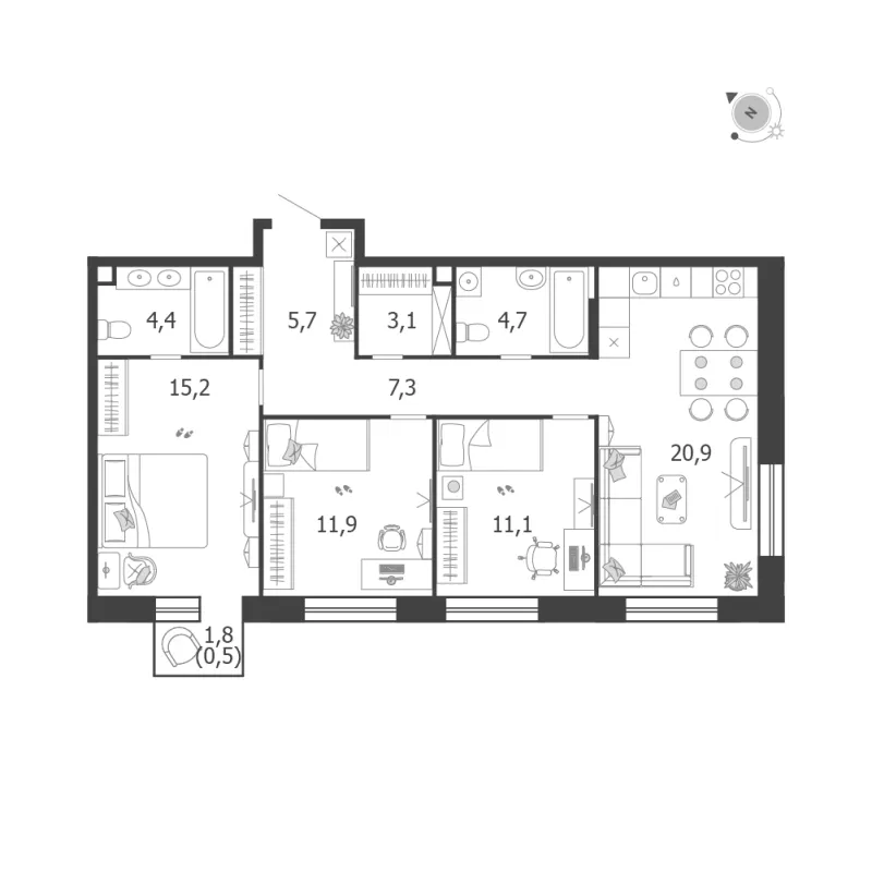 3-комн. 84.8 м²