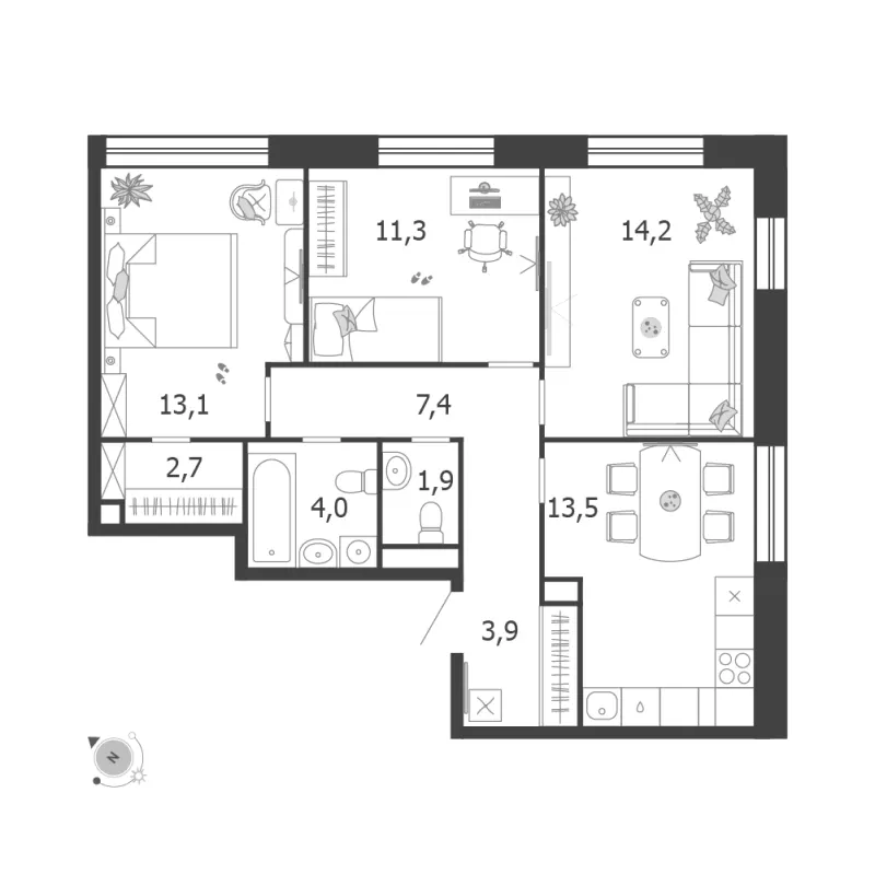 3-комн. 72 м²