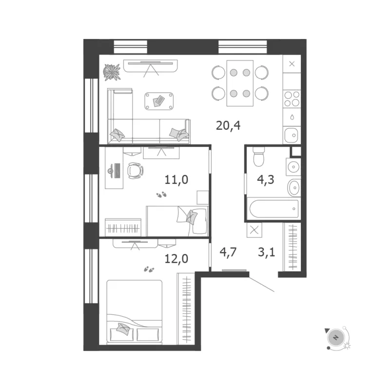 2-комн. 55.5 м²