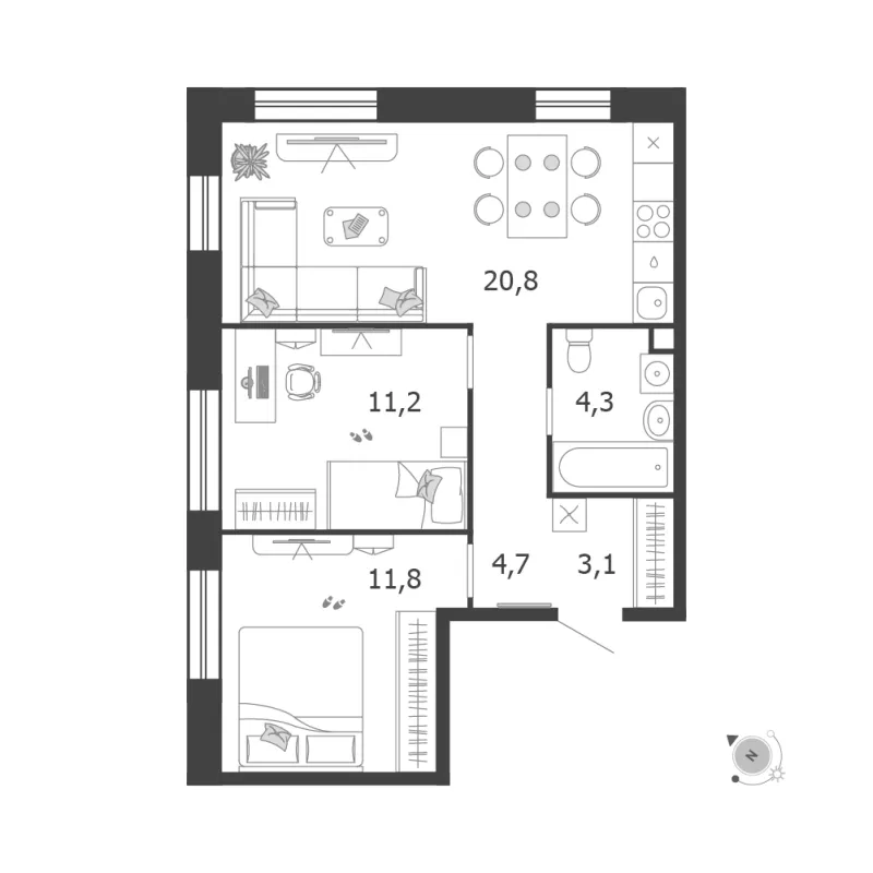 2-комн. 55.5 м²