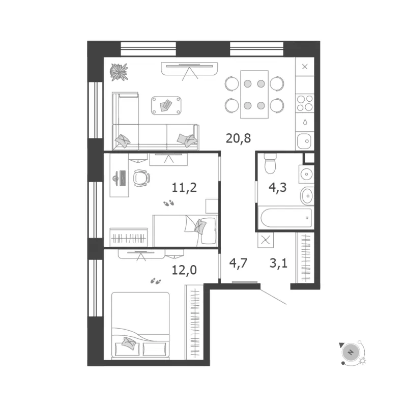 2-комн. 56.1 м²