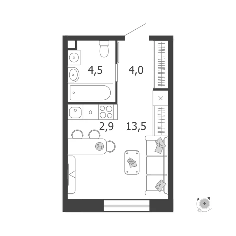 Студия 24.9 м²