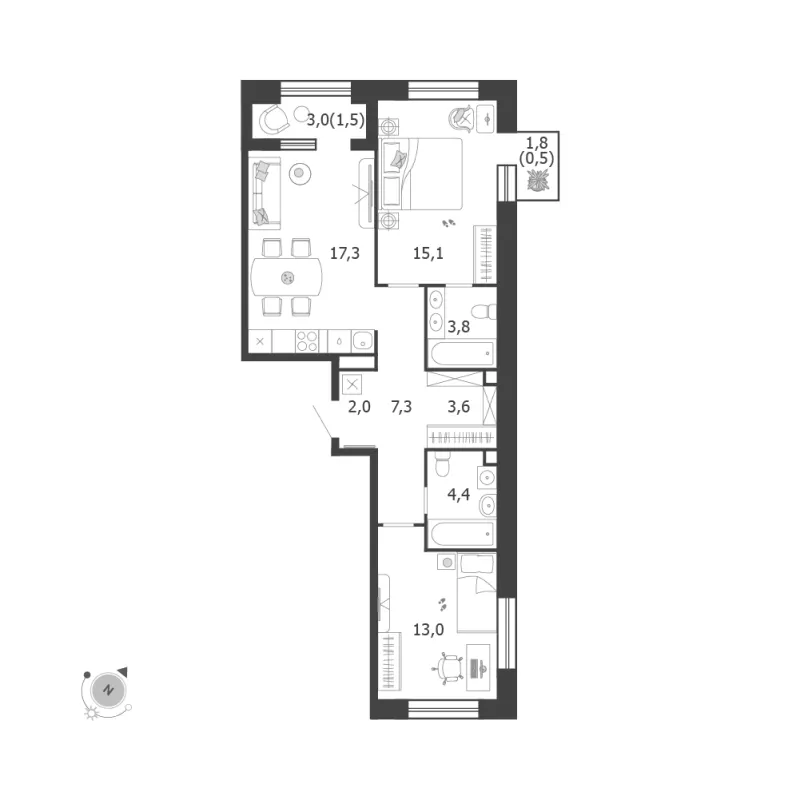 2-комн. 68.5 м²