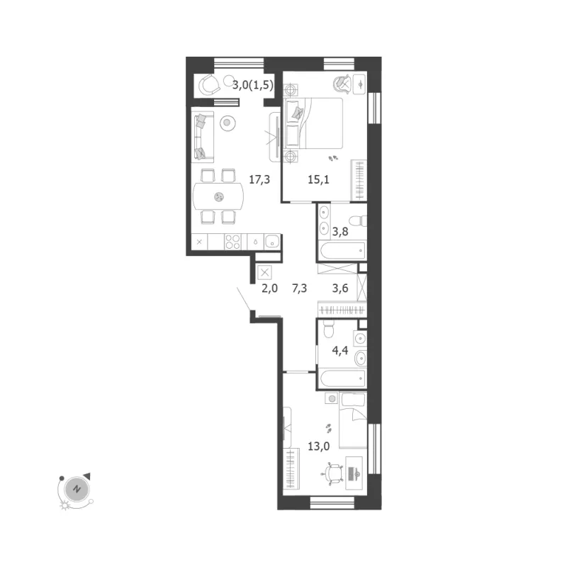 2-комн. 68 м²