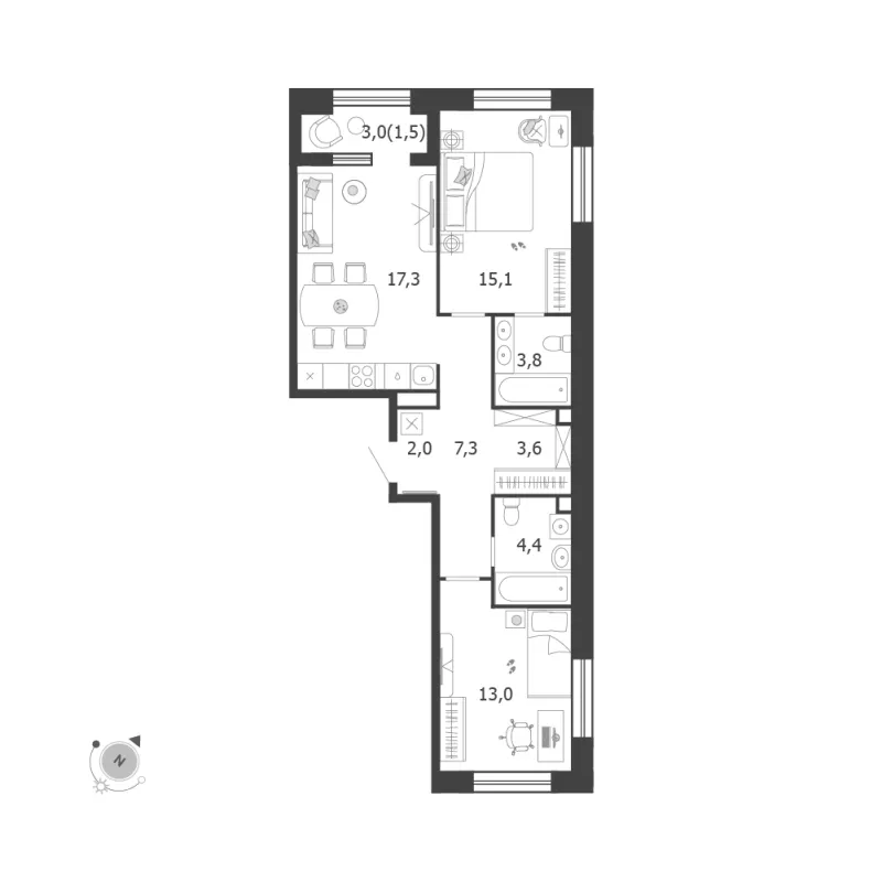 2-комн. 68 м²