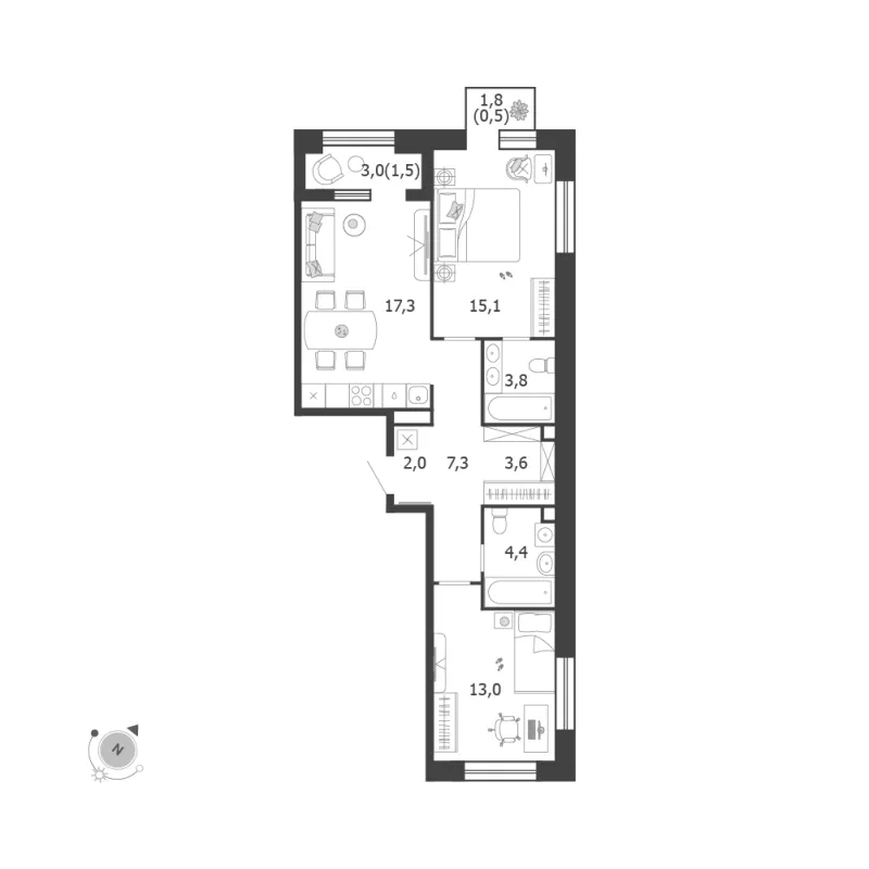 2-комн. 68.5 м²