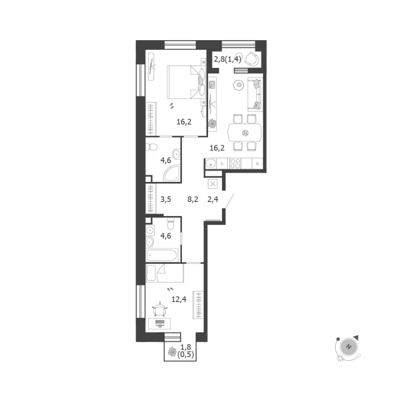2-комн. 70 м²