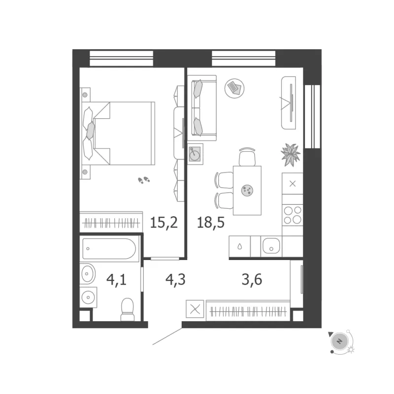 1-комн. 45.7 м²