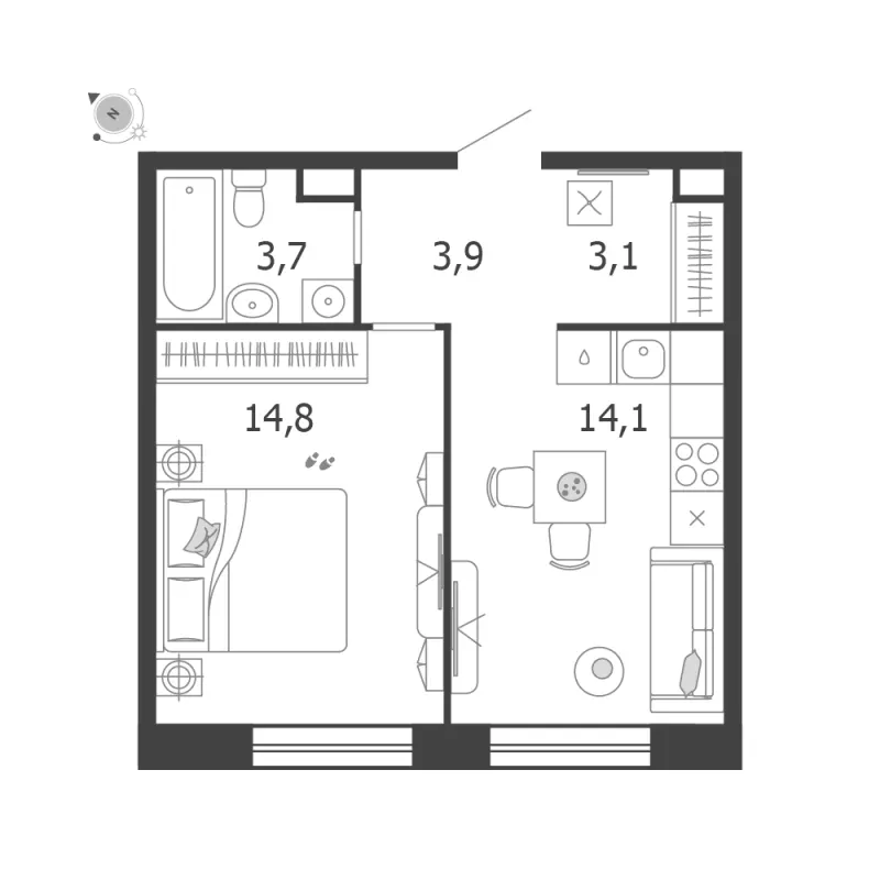 1-комн. 39.6 м²