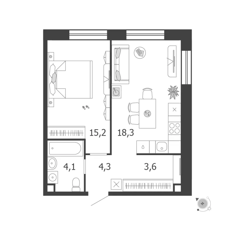 1-комн. 45.5 м²