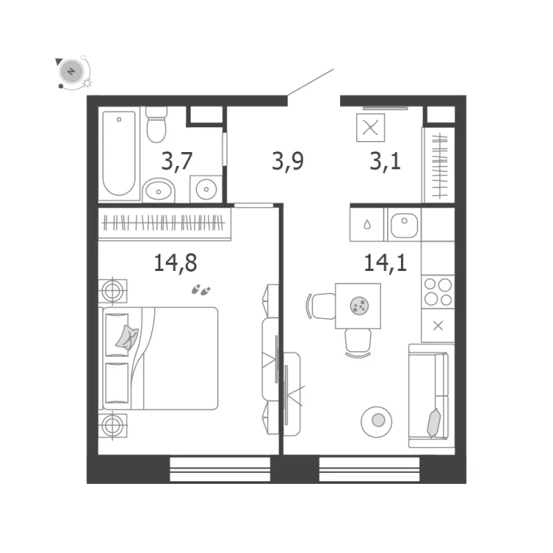 1-комн. 39.6 м²