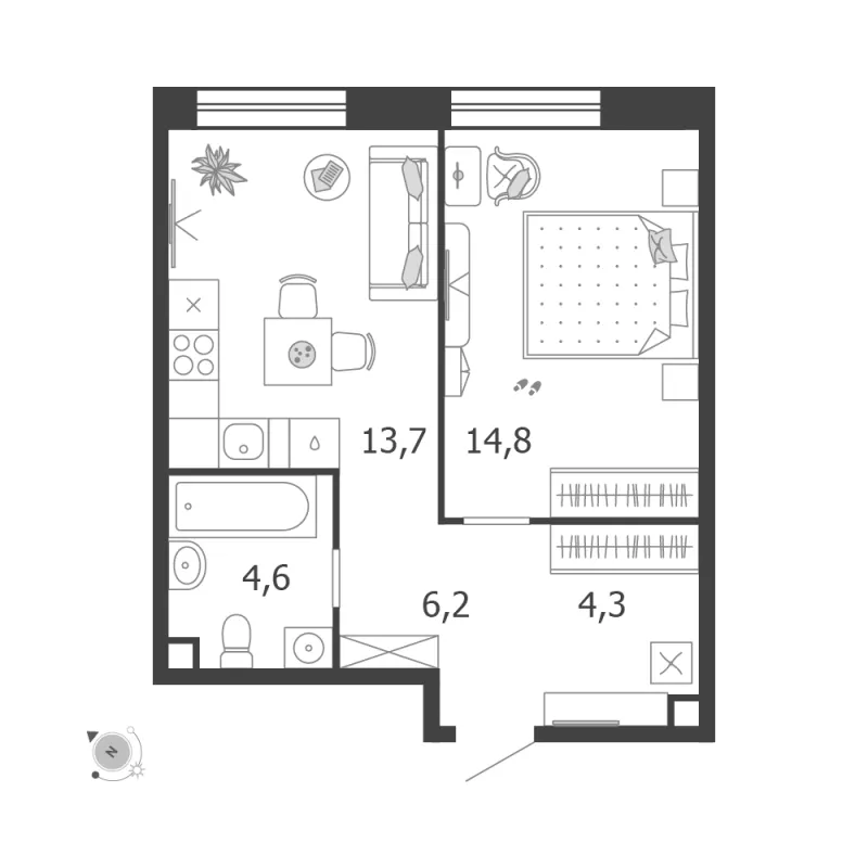 1-комн. 43.6 м²