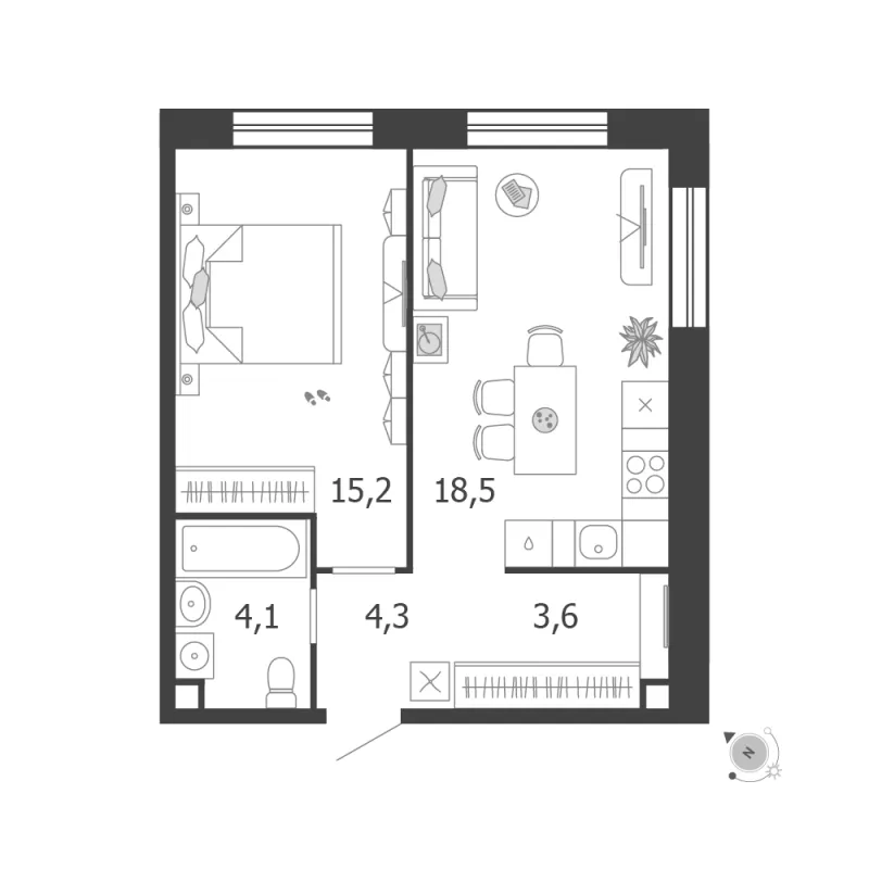 1-комн. 45.7 м²
