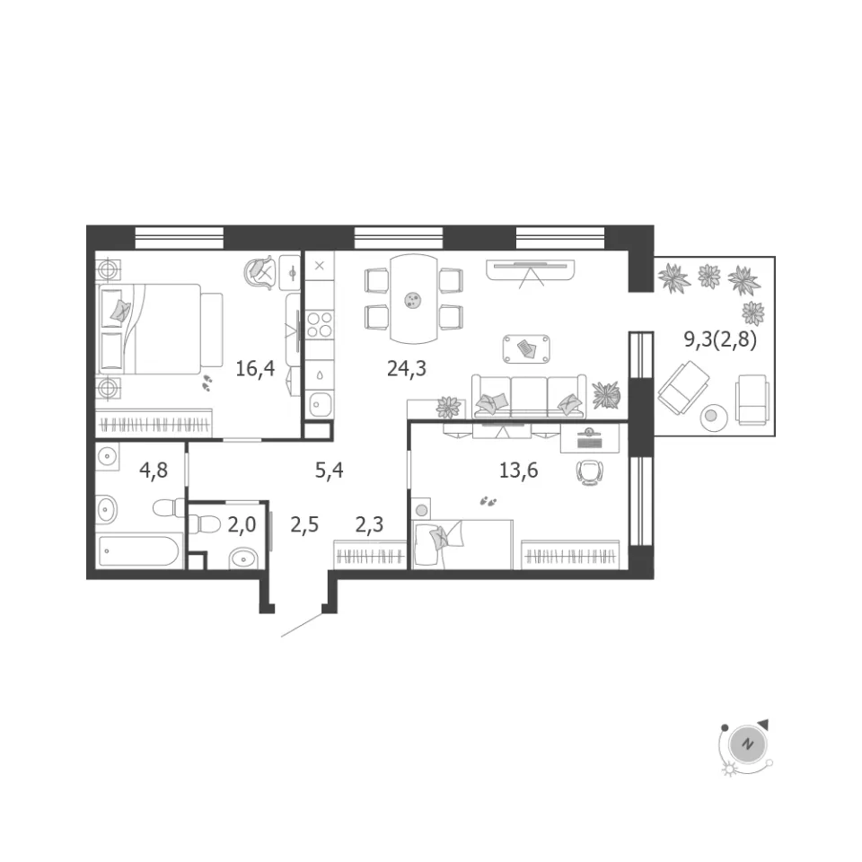 2-комн. 74,1 м²