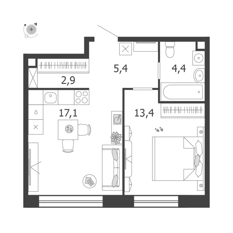 1-комн. 43,2 м²