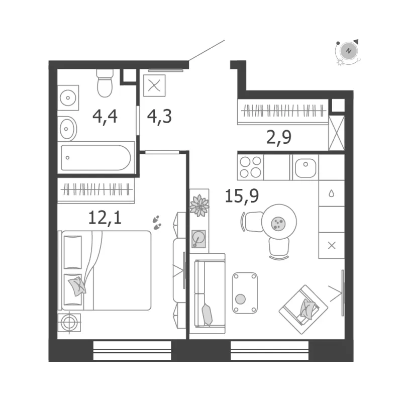 1-комн. 39.6 м²