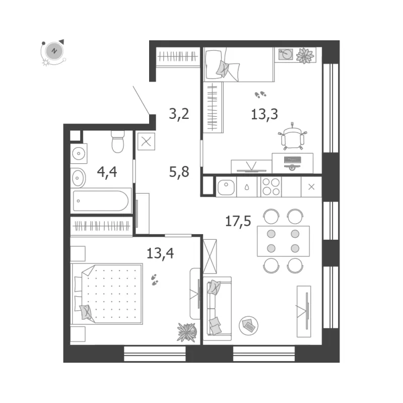 2-комн. 57.6 м²