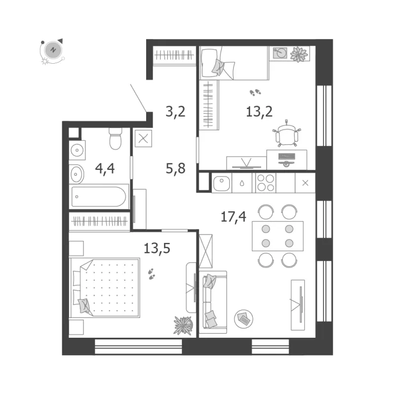 2-комн. 57.5 м²