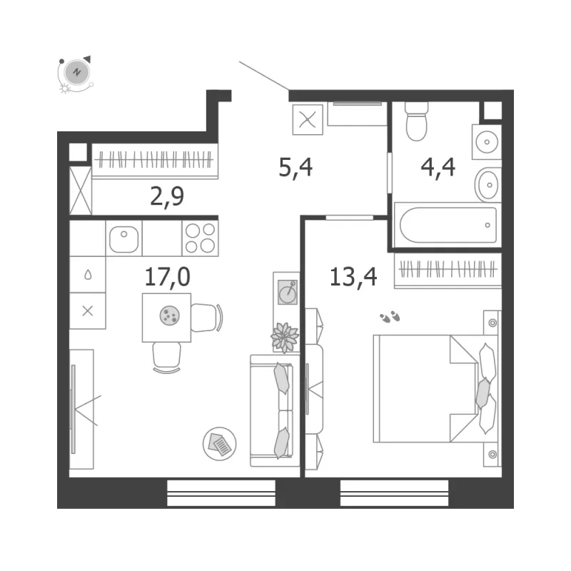 1-комн. 43.1 м²