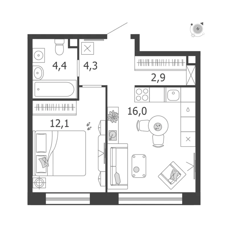 1-комн. 39.7 м²
