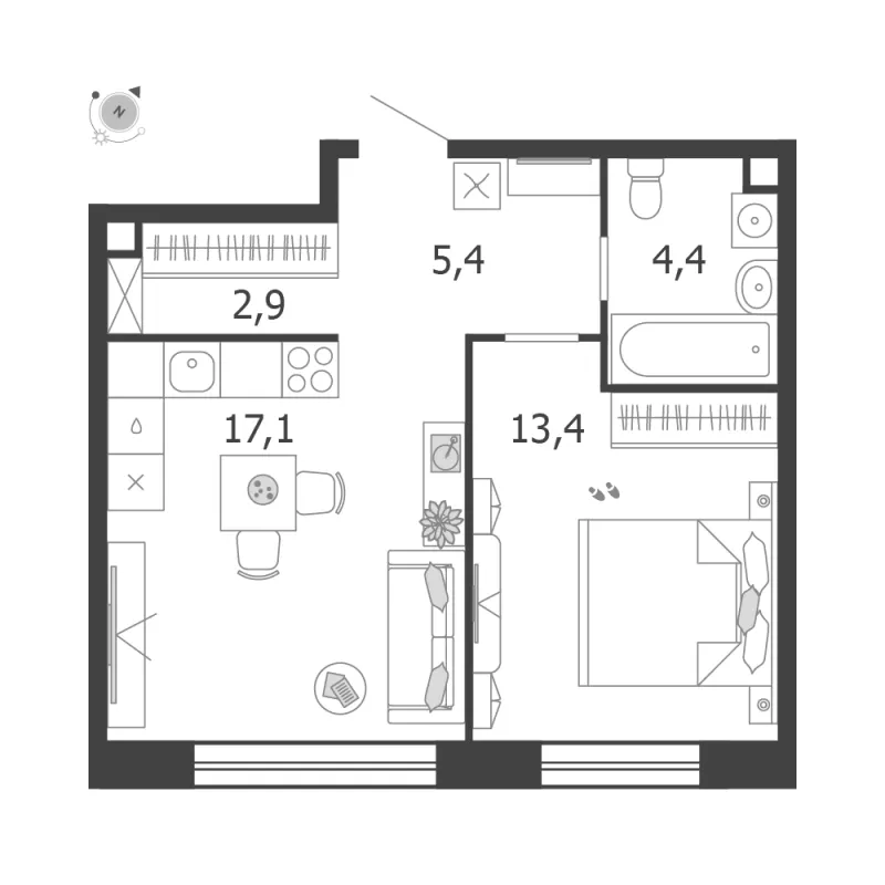 1-комн. 43.2 м²