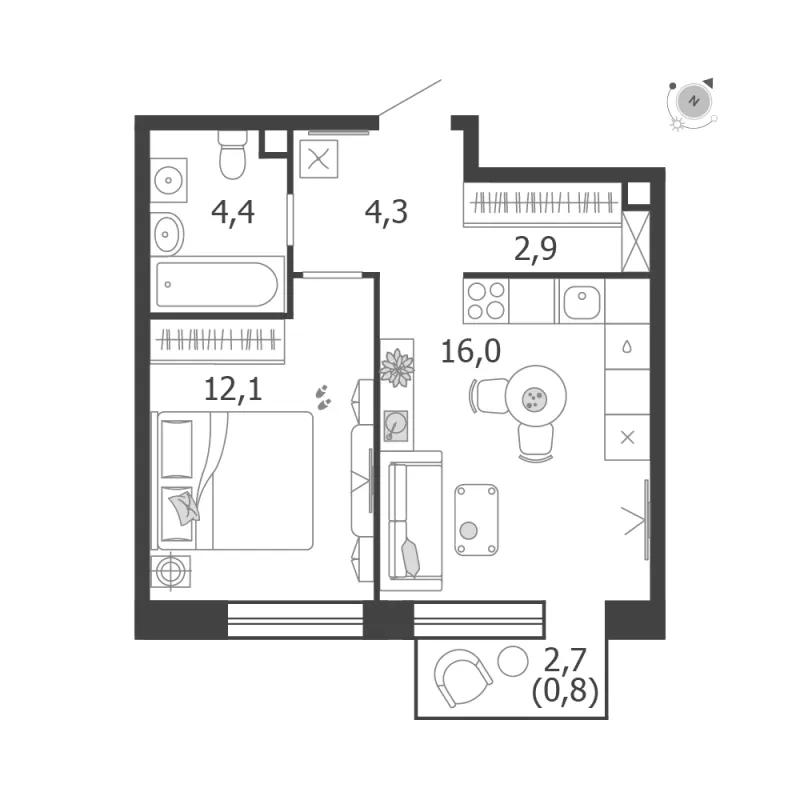 1-комн. 40.5 м²