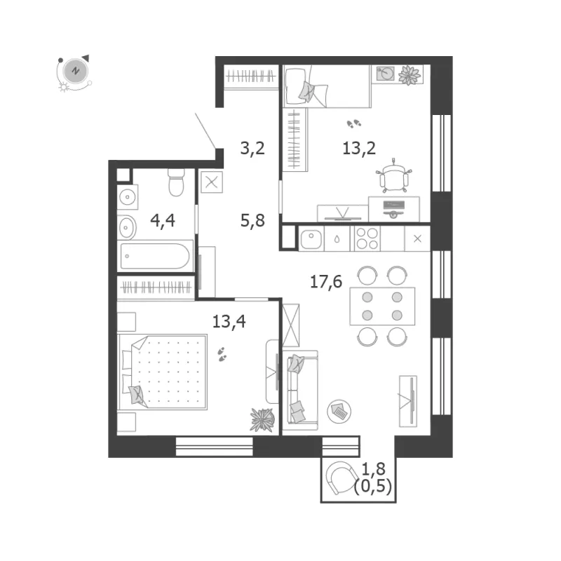 2-комн. 58.1 м²