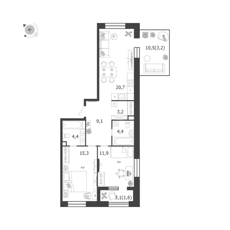 2-комн. 73.8 м²