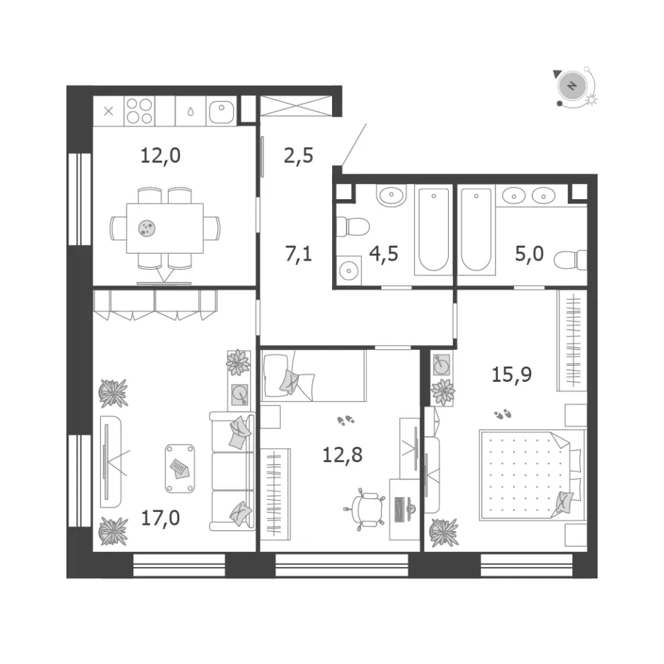 3-комн. 76,8 м²
