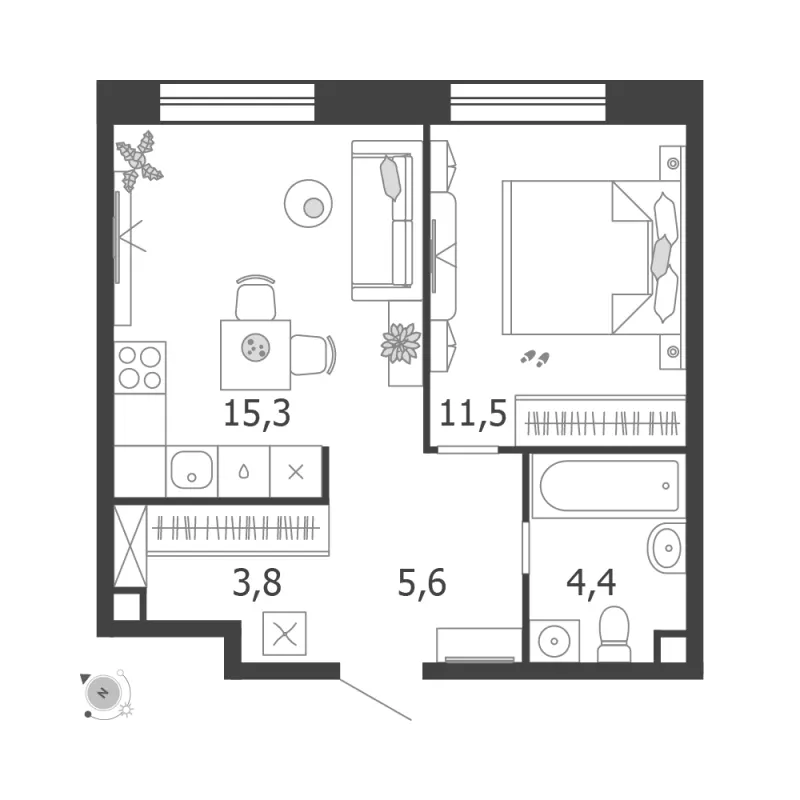 1-комн. 40.6 м²