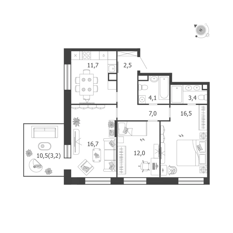 3-комн. 77.1 м²