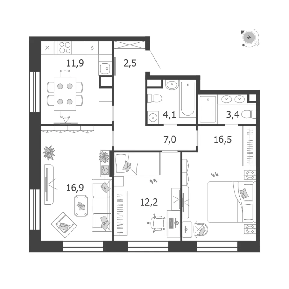 3-комн. 74,5 м²