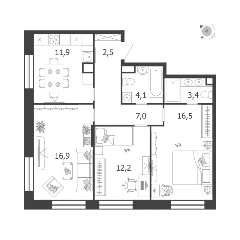3-комн. 74.5 м²