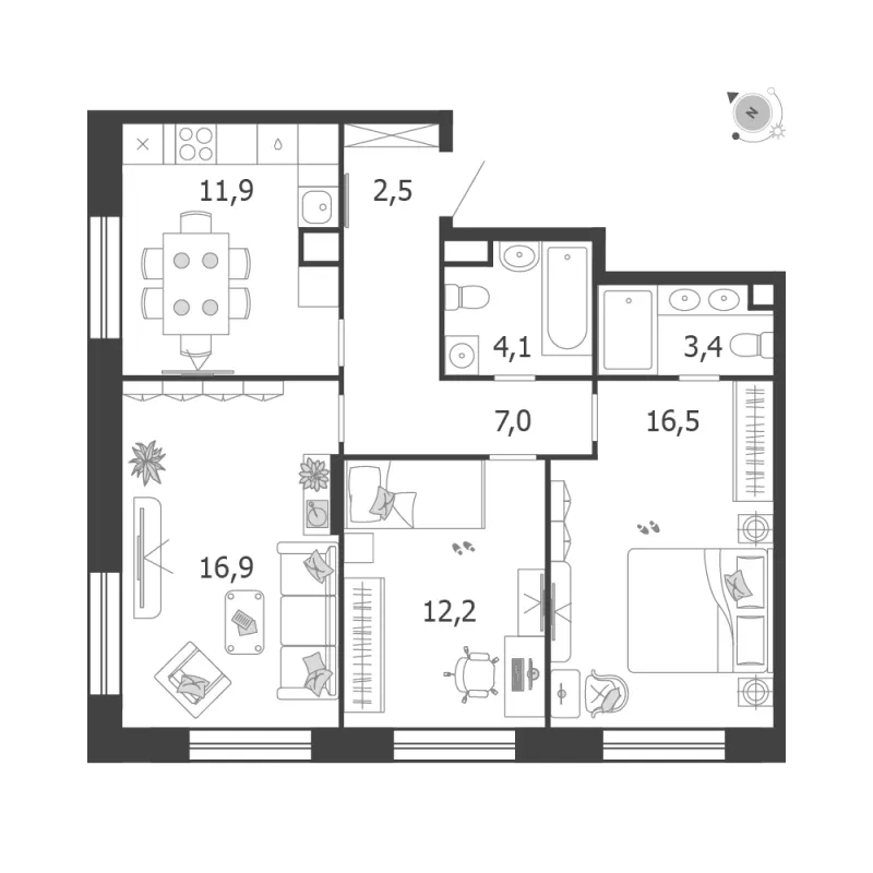3-комн. 74.5 м²
